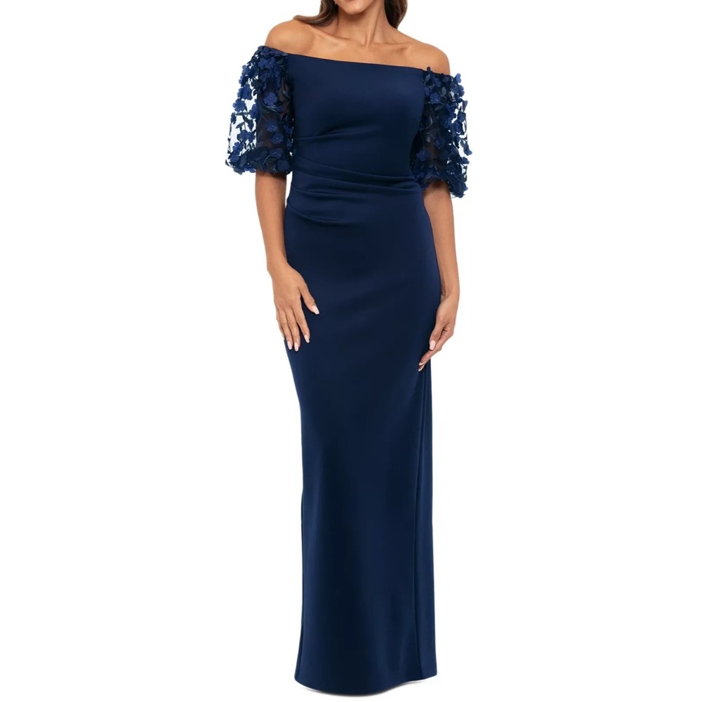 New Xscape Melanie Off Shoulder 3D Floral Sleeve Scuba Crepe Gown Dark Blue Sz 4